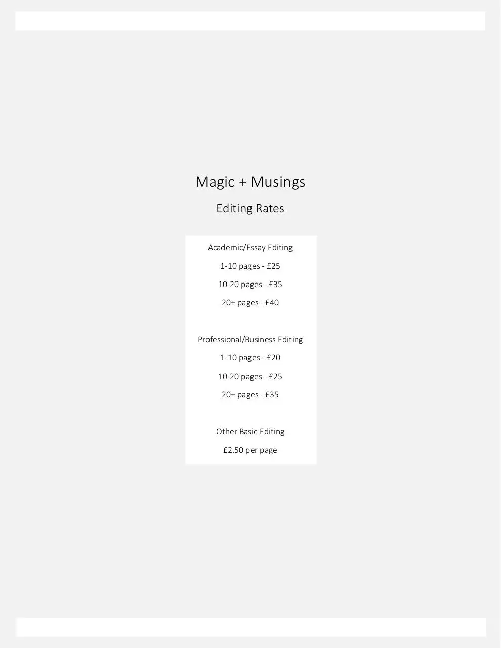 Page 1 of 1, Magic and Musings Editing Rates