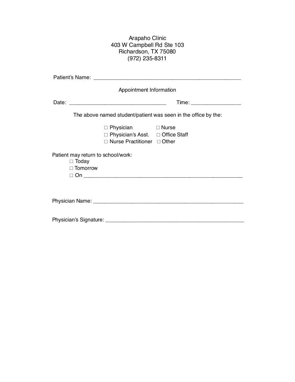 Page 1 of 1, doctor's note