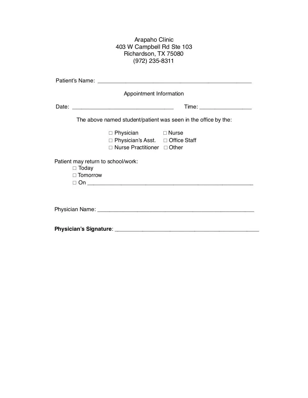 Page 1 of 1, doctor's note