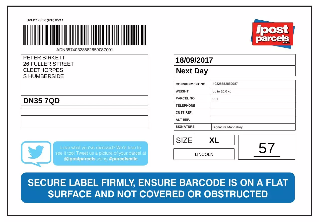 Page 1 of 1, iPostParcelsLabels OrderNumber2028364