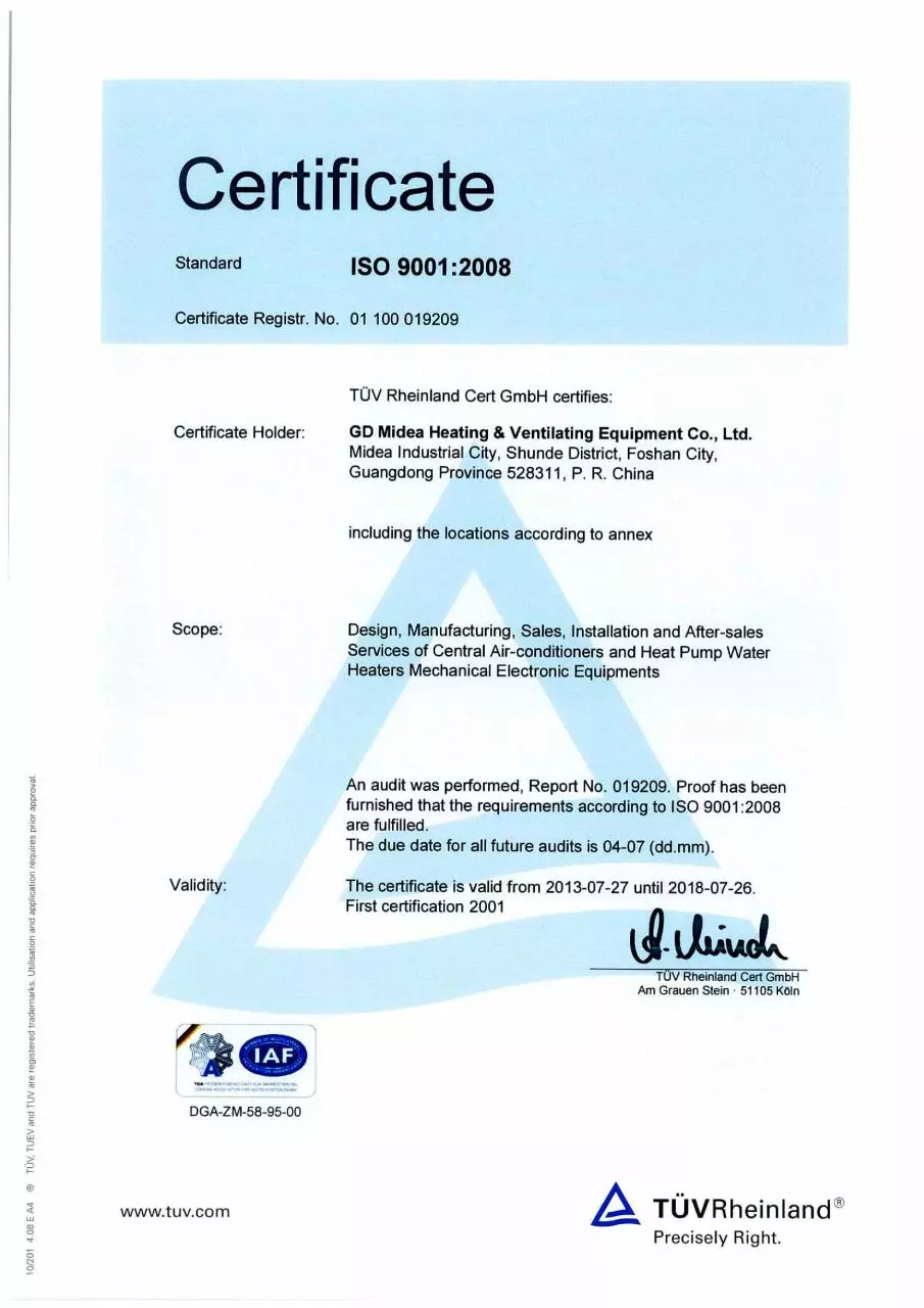 Page 1 of 1, Midea ISO Certificate