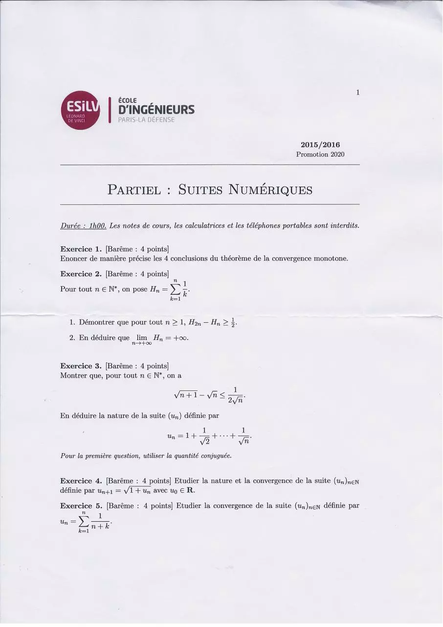 Page 1 of 18, Partiels Semestre 1 2015 2016