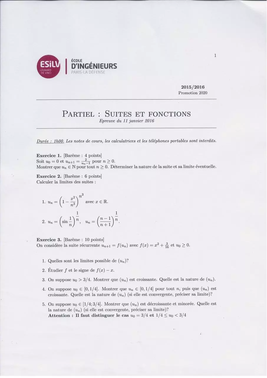 Page 2 of 18, Partiels Semestre 1 2015 2016