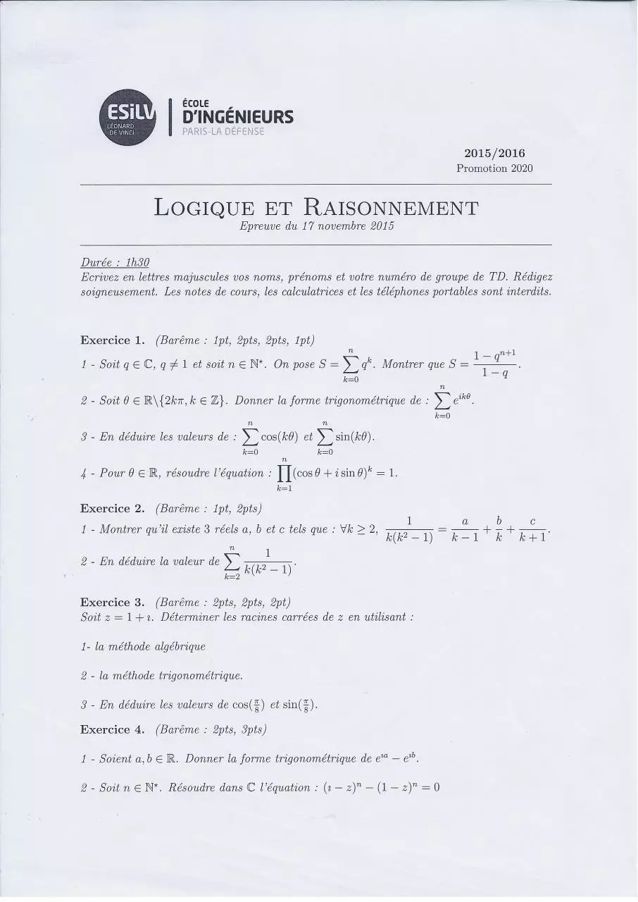 Page 3 of 18, Partiels Semestre 1 2015 2016