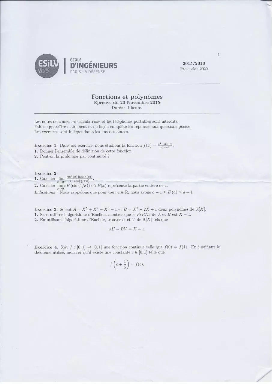 Page 5 of 18, Partiels Semestre 1 2015 2016