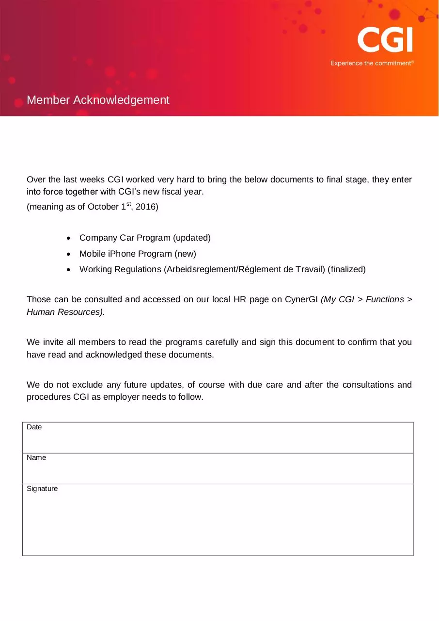 Page 1 of 1, Member Acknowledgement