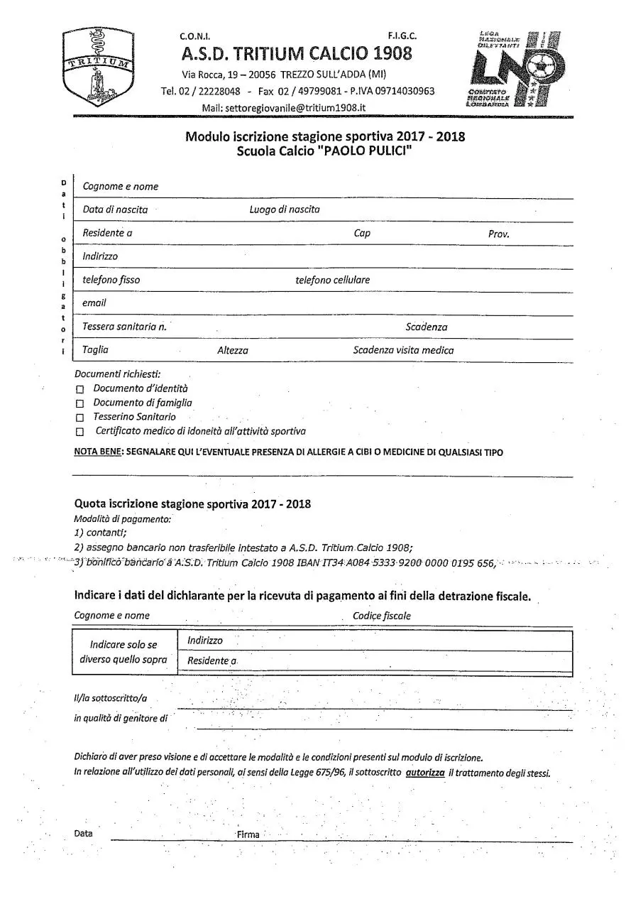 Document preview - Modulo Iscrizione Scuola Calcio.pdf - Page 1/1