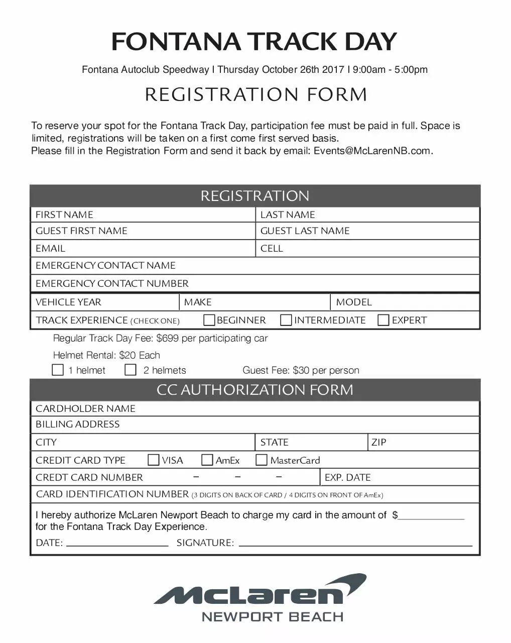 Page 1 of 1, Track Day Registration McLNB