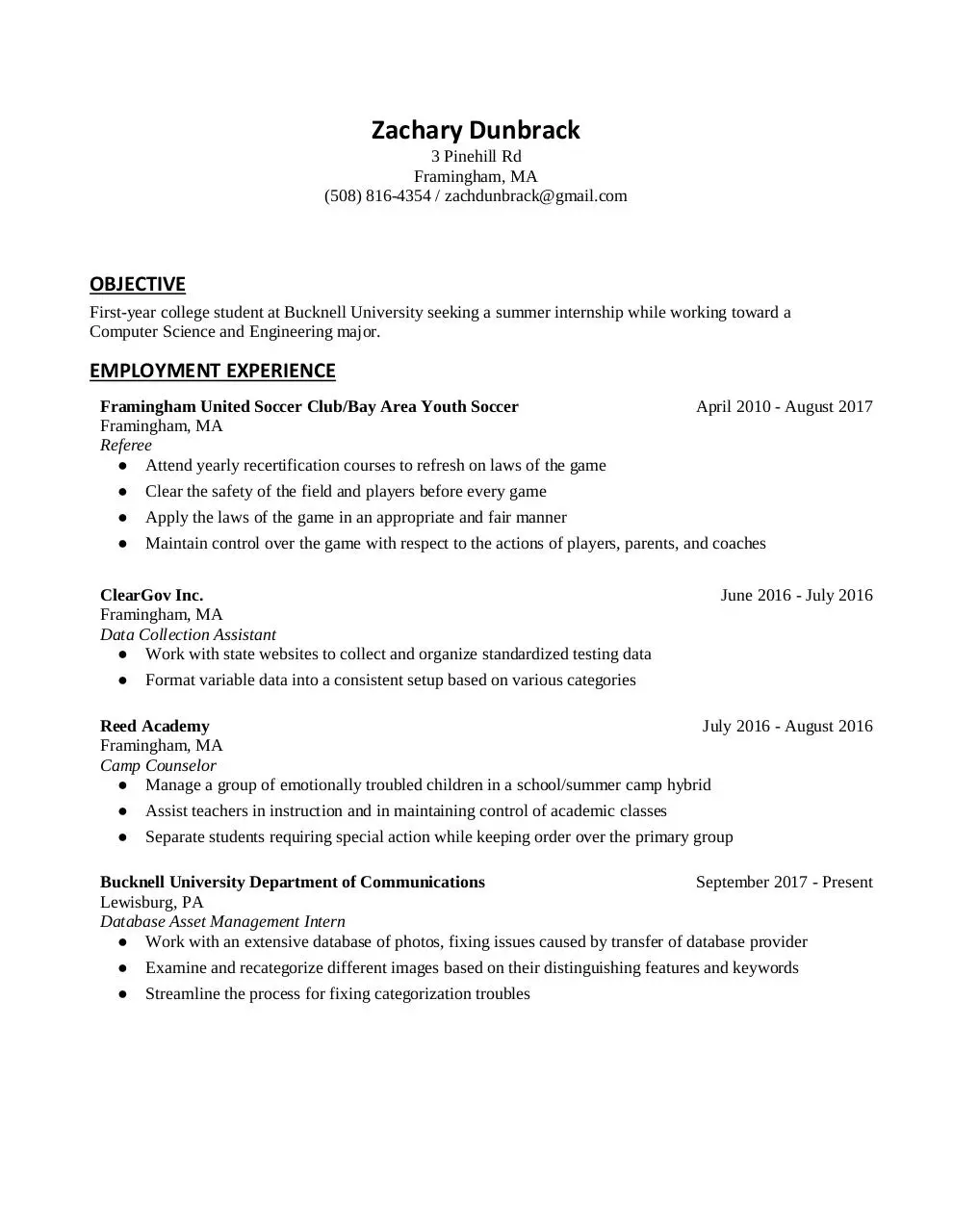 Page 1 of 2, Zachary Dunbrack's Resume