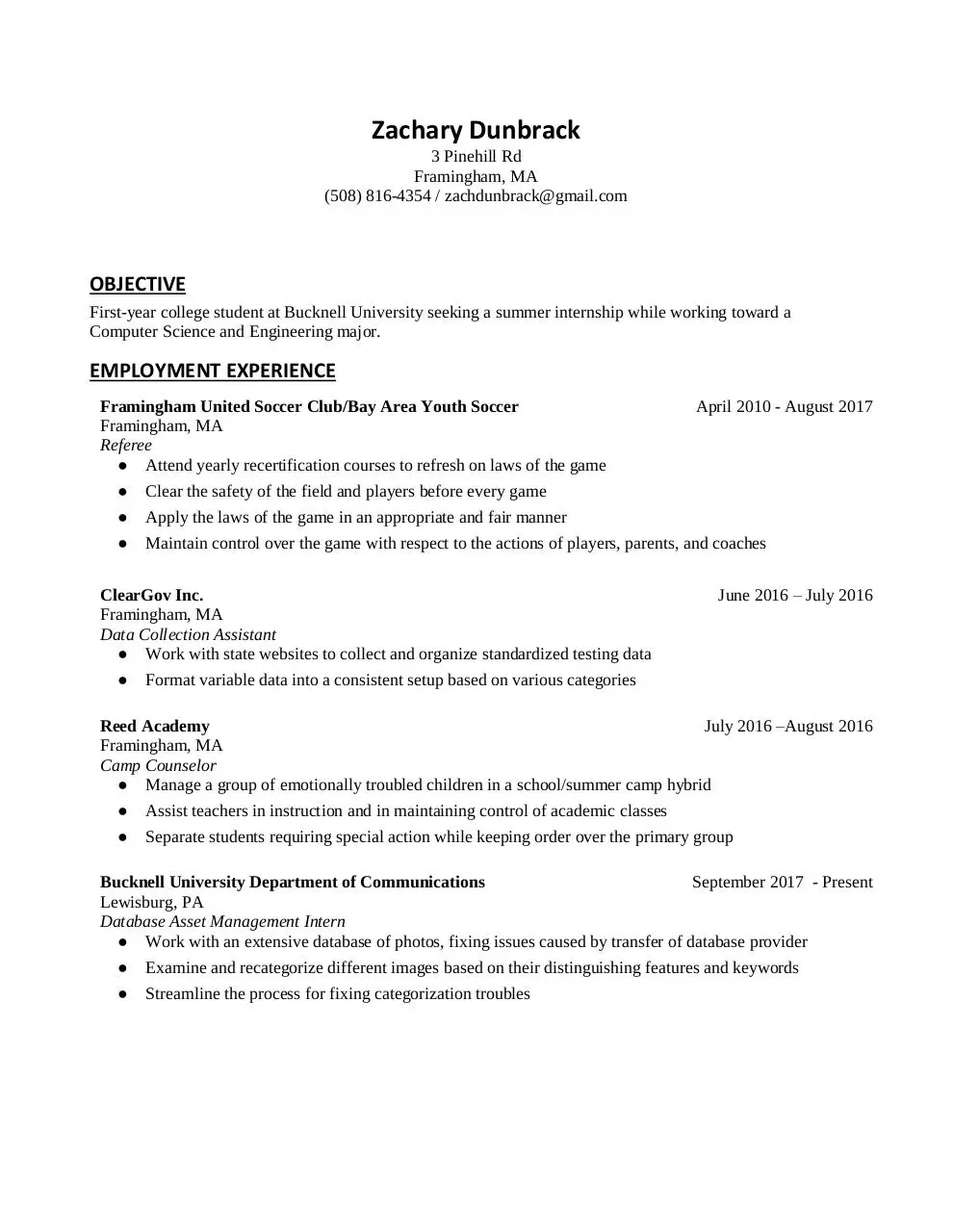 Page 1 of 2, Zachary Dunbrack's Resume