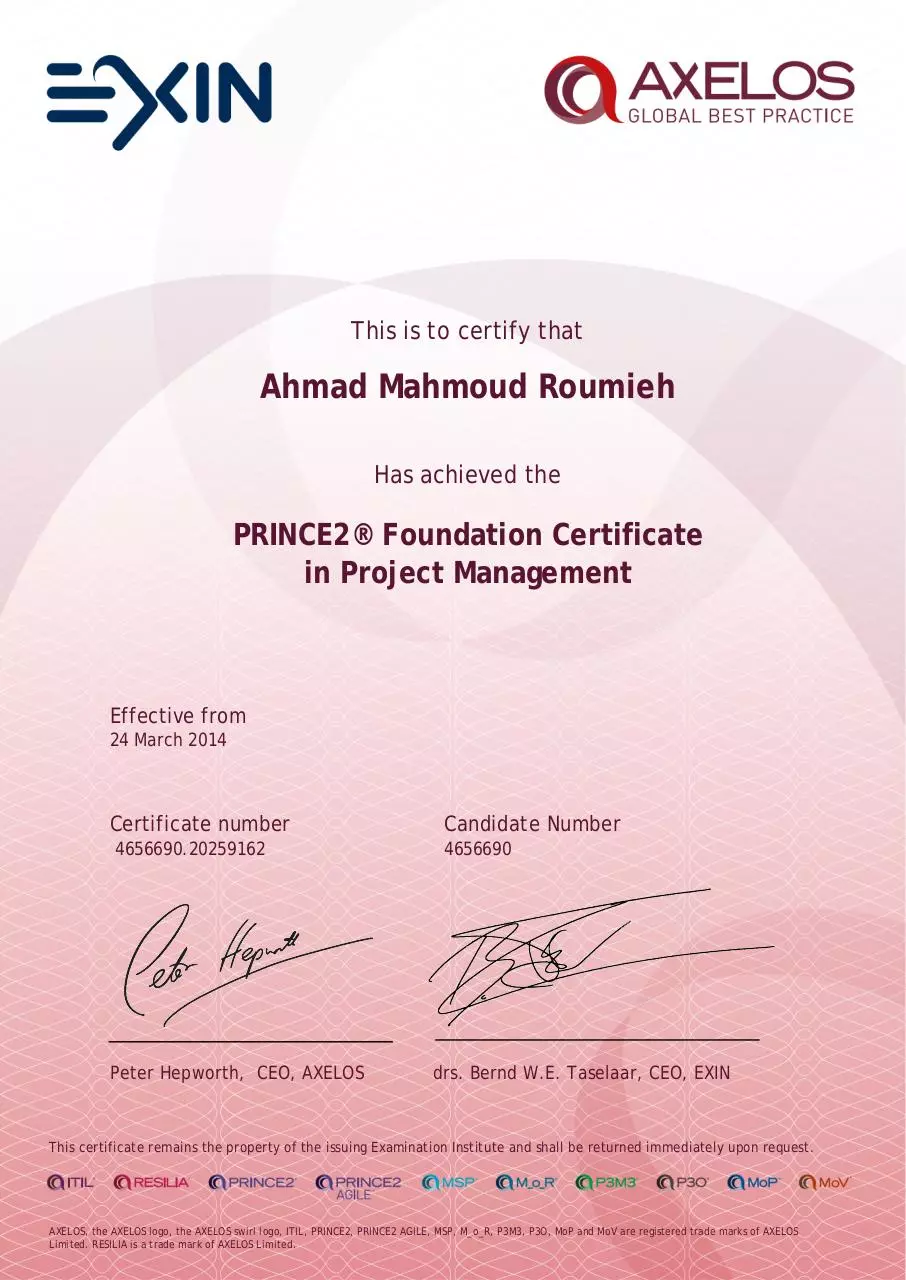 Page 1 of 1, PRINCE2® Foundation Certificate in Project Management