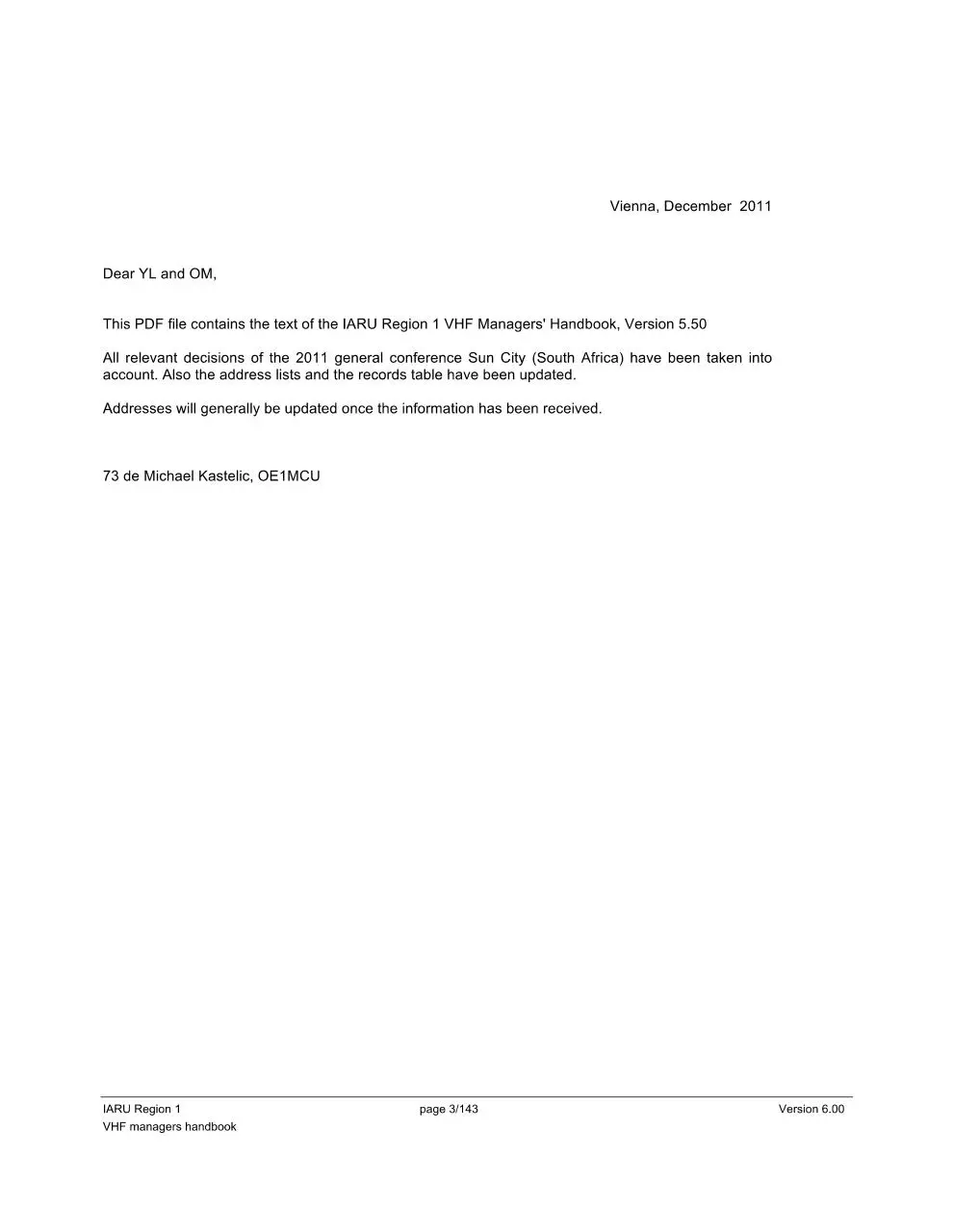 Page 3 of 143, VHF Managers Handbook