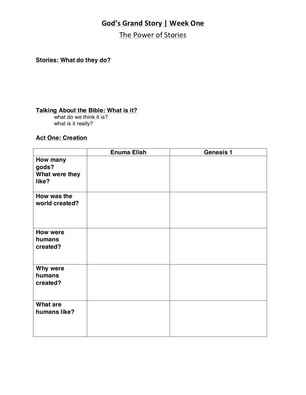 Page 1 of 1, GodsGrandStoryWeekOneWorksheet