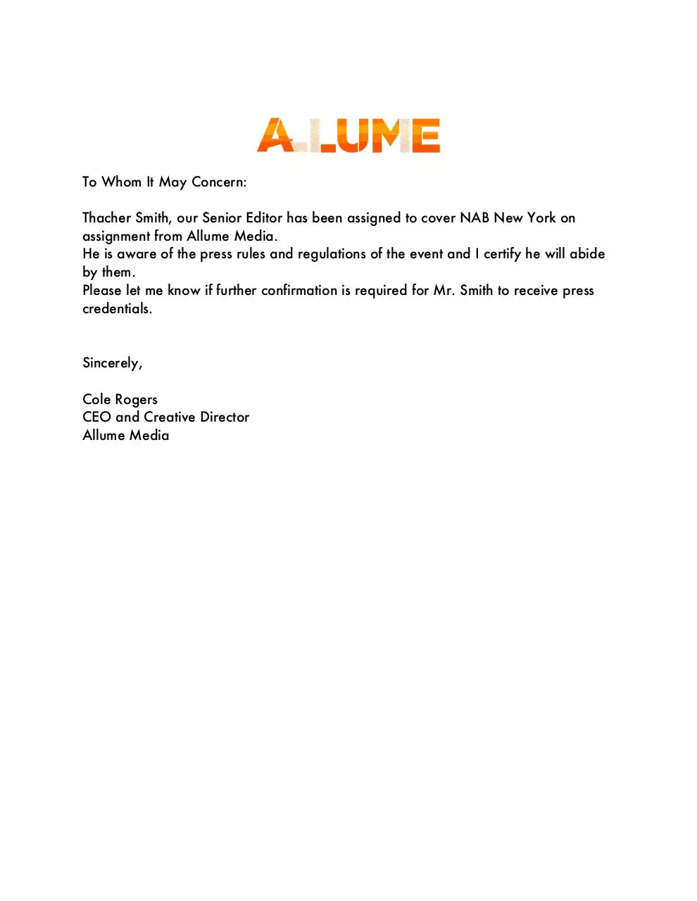 Page 1 of 1, Assignment Letter for Thacher Smith