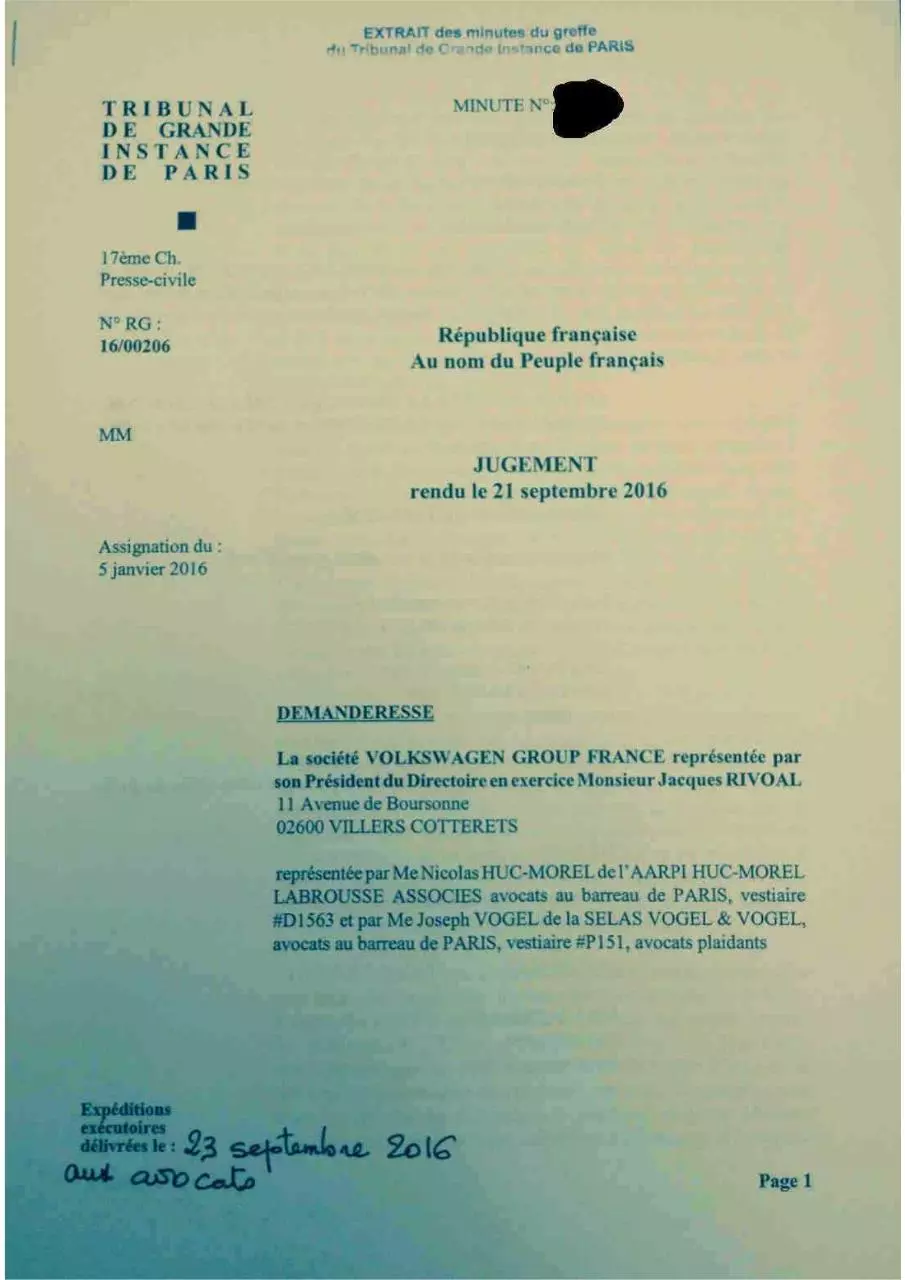 Page 1 of 13, Francois Sartre Avocat vs Volkswagen
