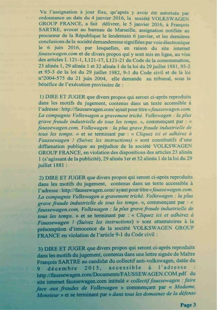 Page 3 of 13, Francois Sartre Avocat vs Volkswagen