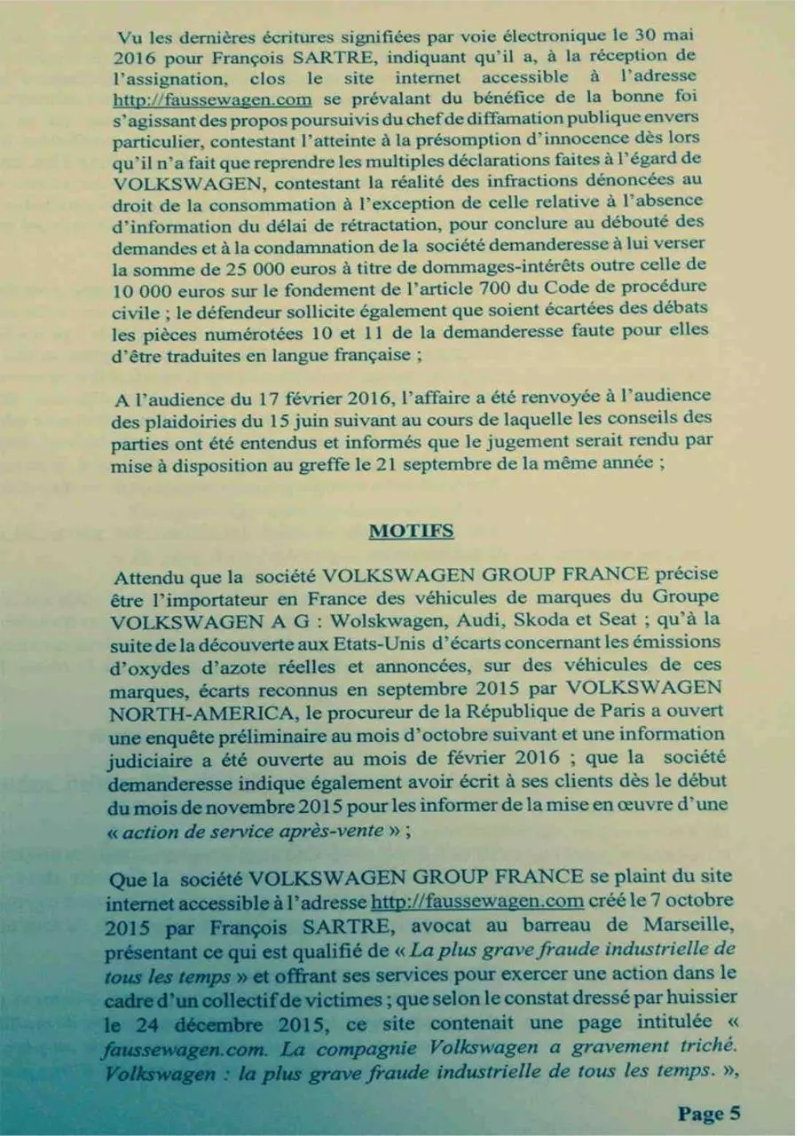 Page 5 of 13, Francois Sartre Avocat vs Volkswagen
