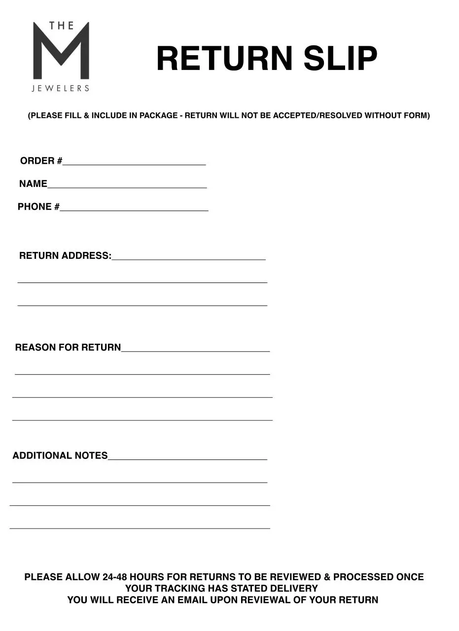 Page 1 of 1, Return form (The M Jewelers)