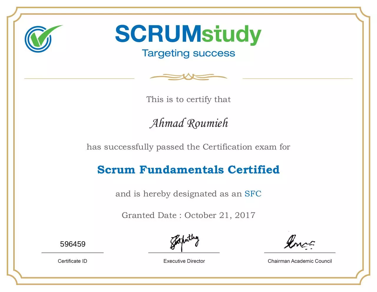 Page 1 of 1, course certificates SCRUMstudy Ahmad Roumieh