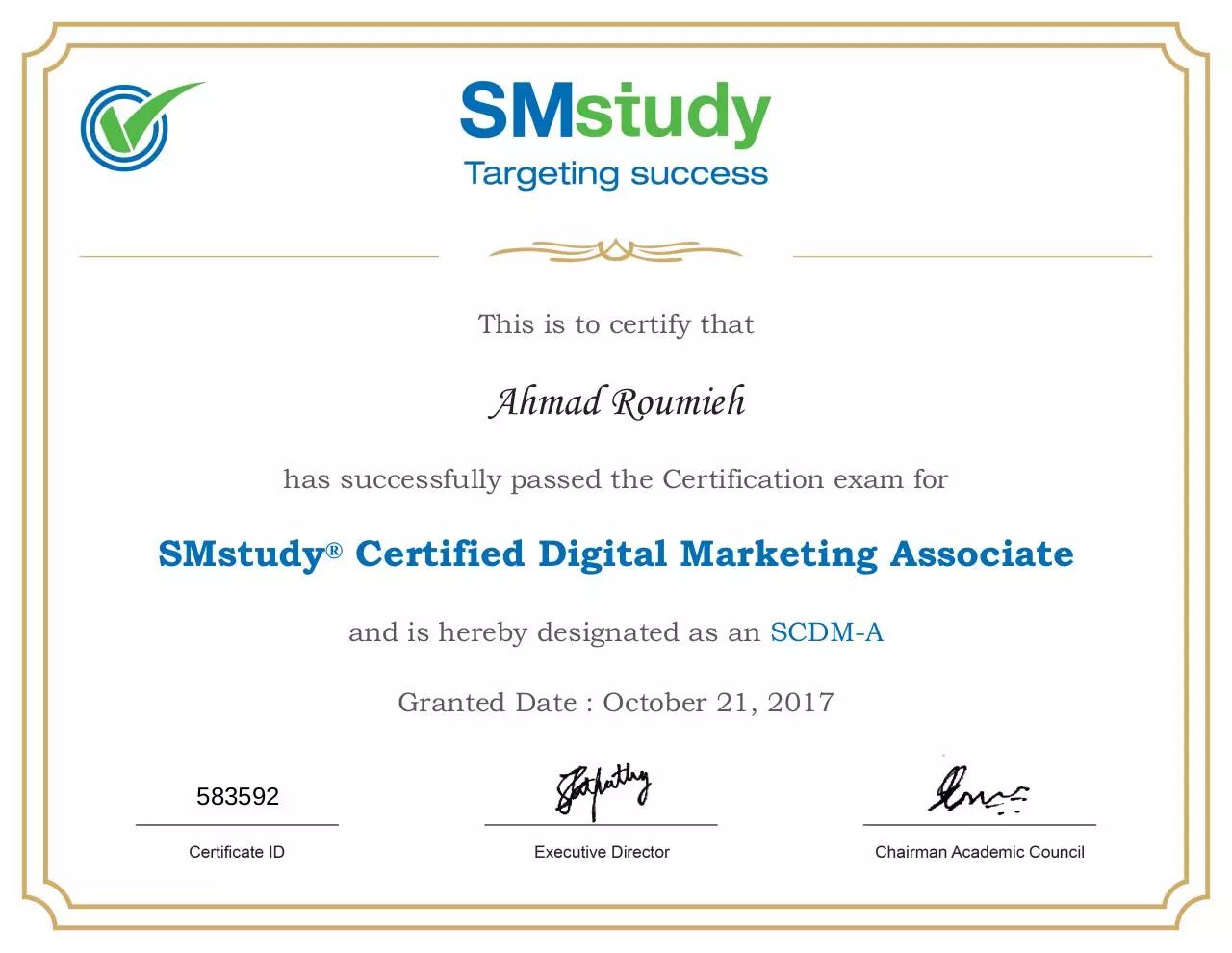 Page 1 of 1, course certificates SMstudy Ahmad Roumieh