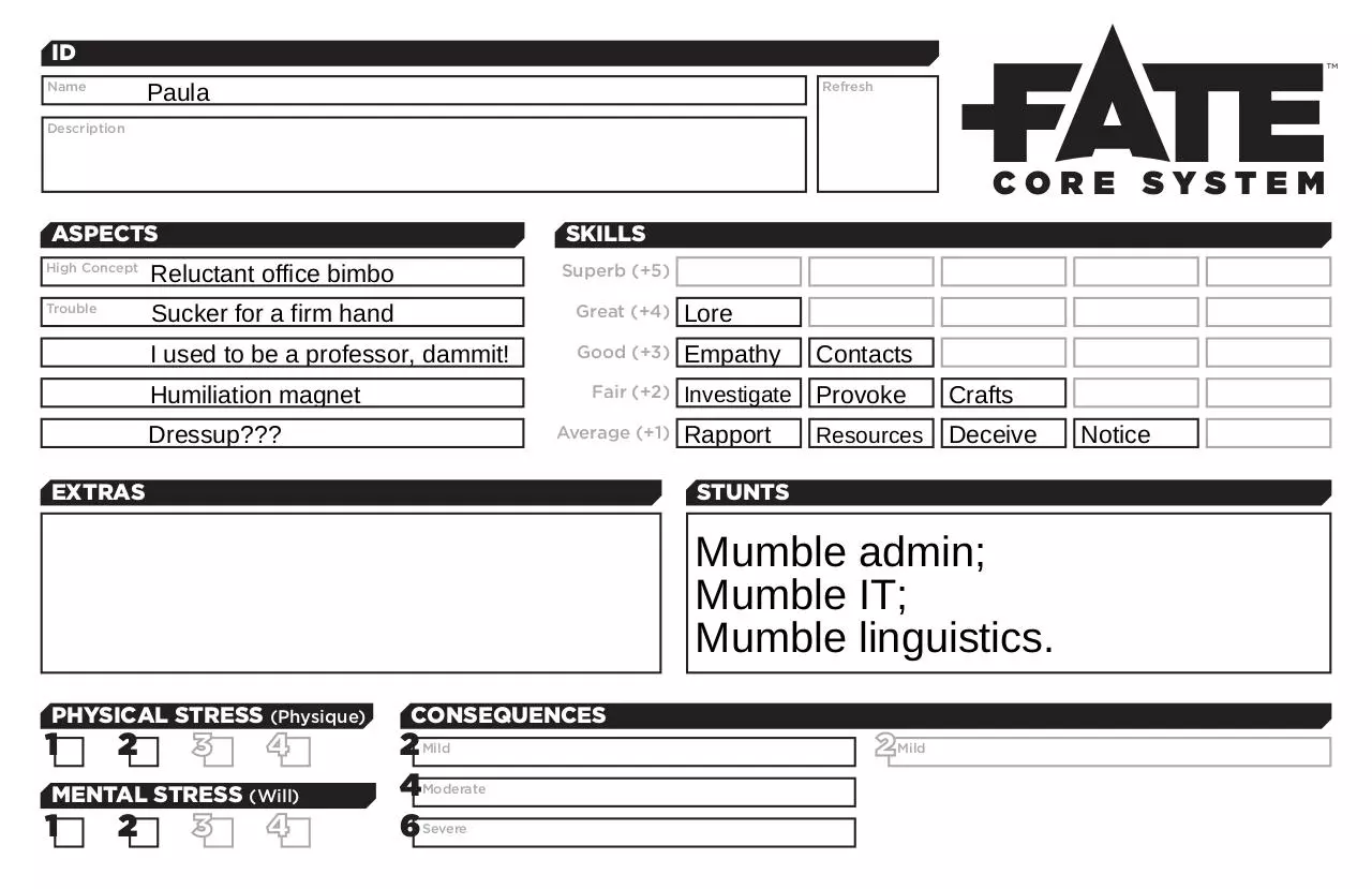 Page 1 of 1, Fate Core Character Sheet Paula