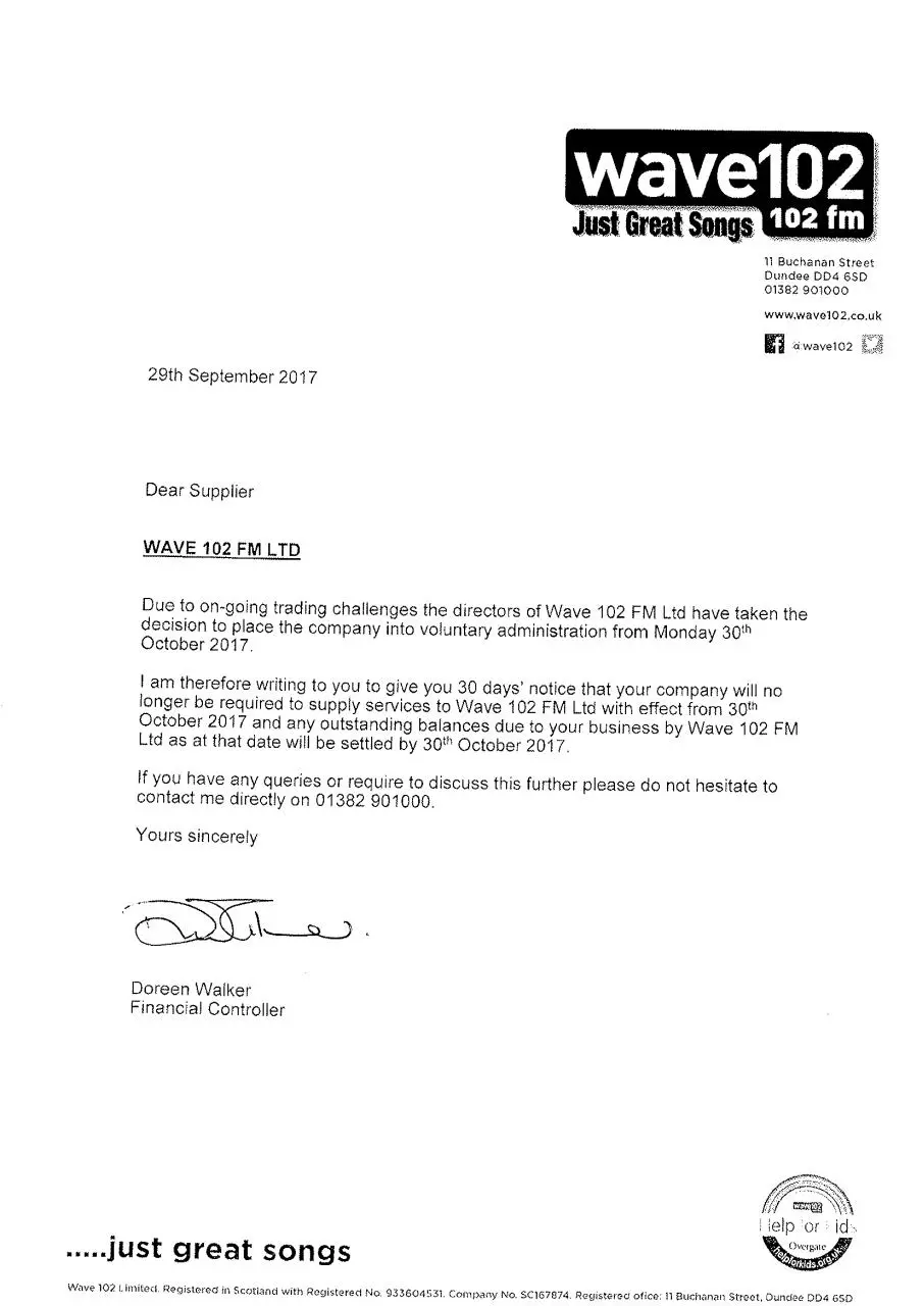 Page 1 of 1, signed letter to suppliers 29 sep 17