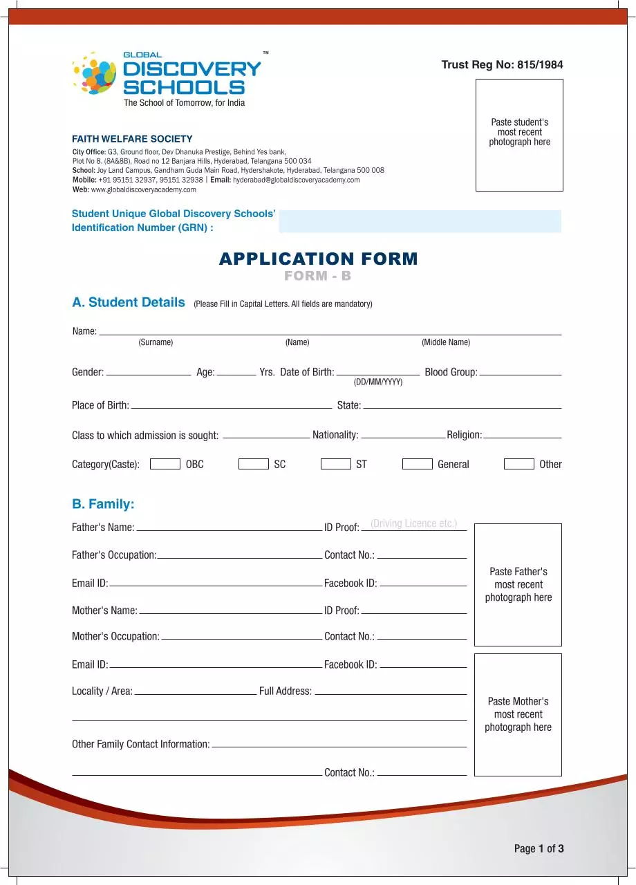 Page 1 of 3, gds hyderabad admission form B