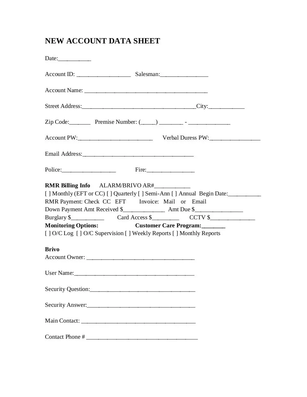 Page 1 of 2, Alarm Brivo New Acct Data Sheet Fill