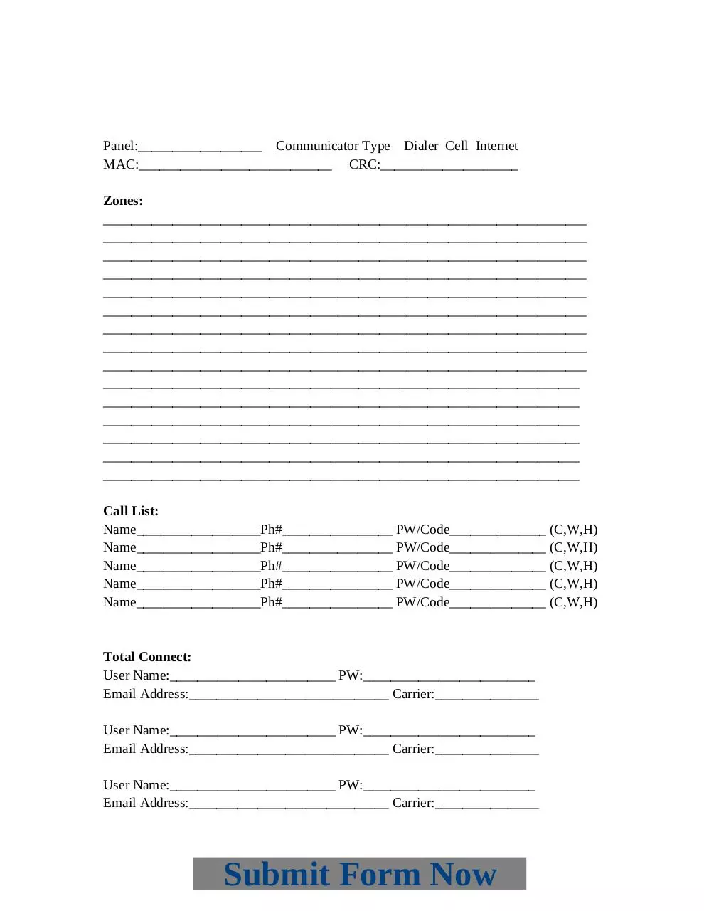 Page 2 of 2, Alarm Brivo New Acct Data Sheet Fill
