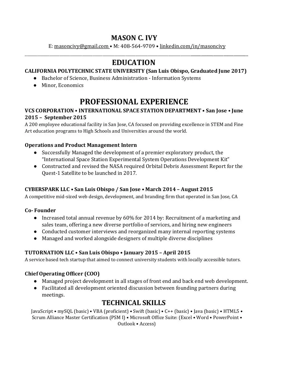 Page 1 of 1, Ivy Resume PM