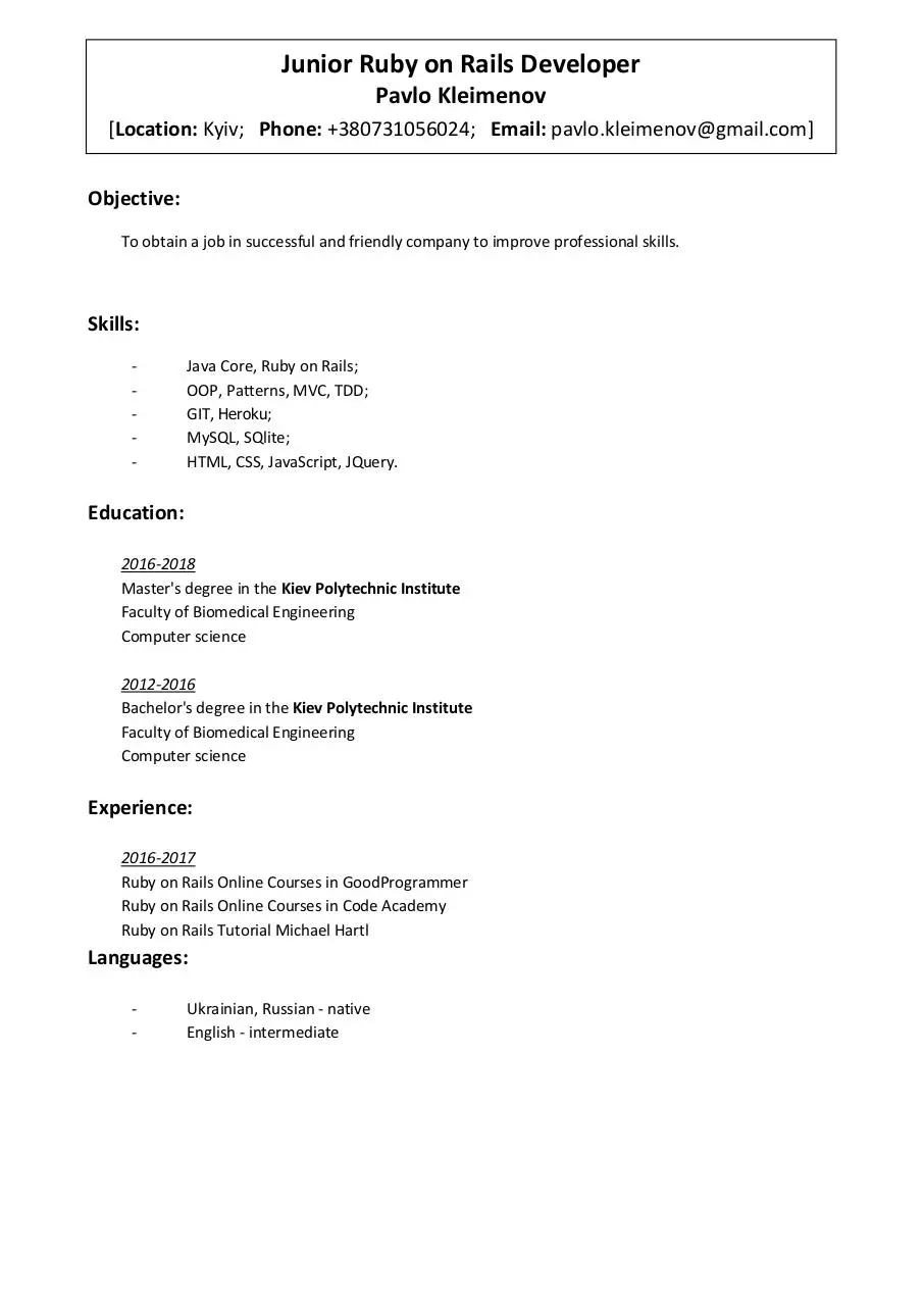Document preview - Junior_Ruby_on_Rails_Dev_Pavlo_Kleimenov.pdf - Page 1/1