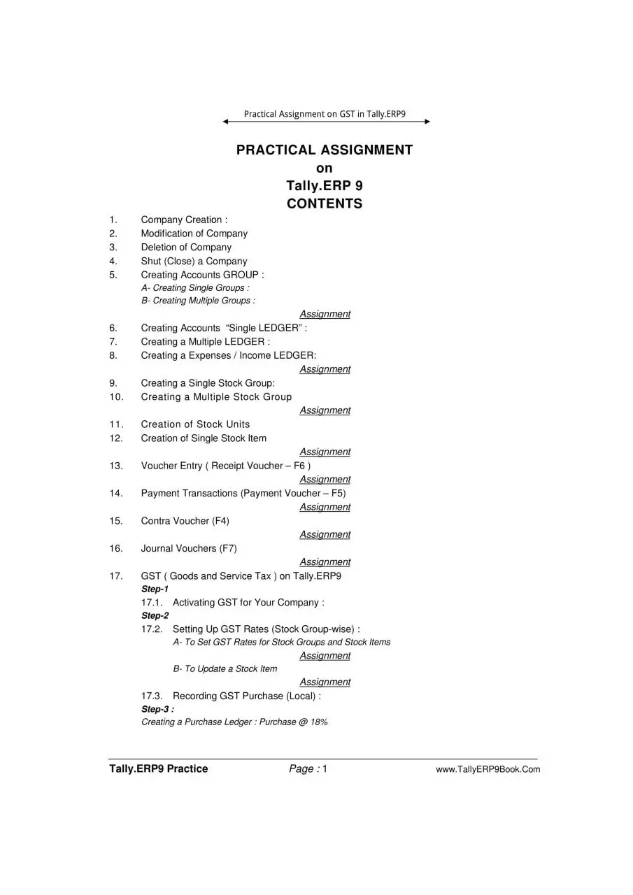 Page 1 of 65, Practical Assignment TallyERP9 GST