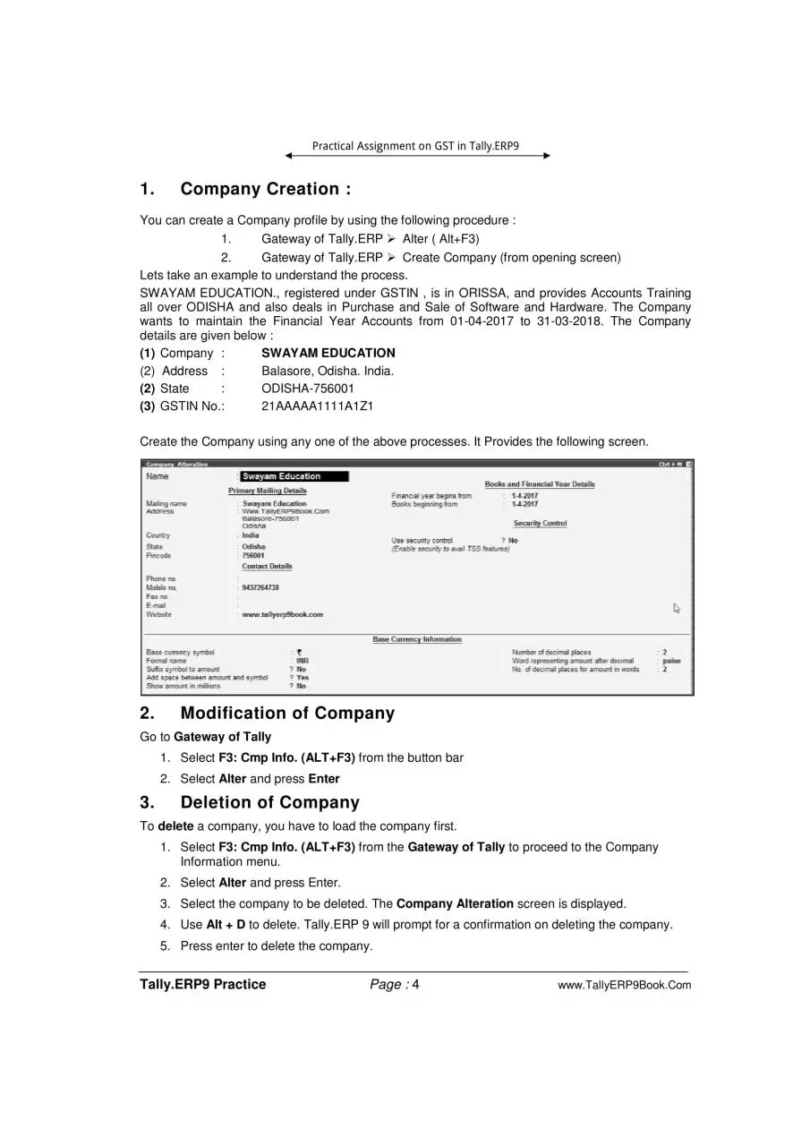 Page 4 of 65, Practical Assignment TallyERP9 GST