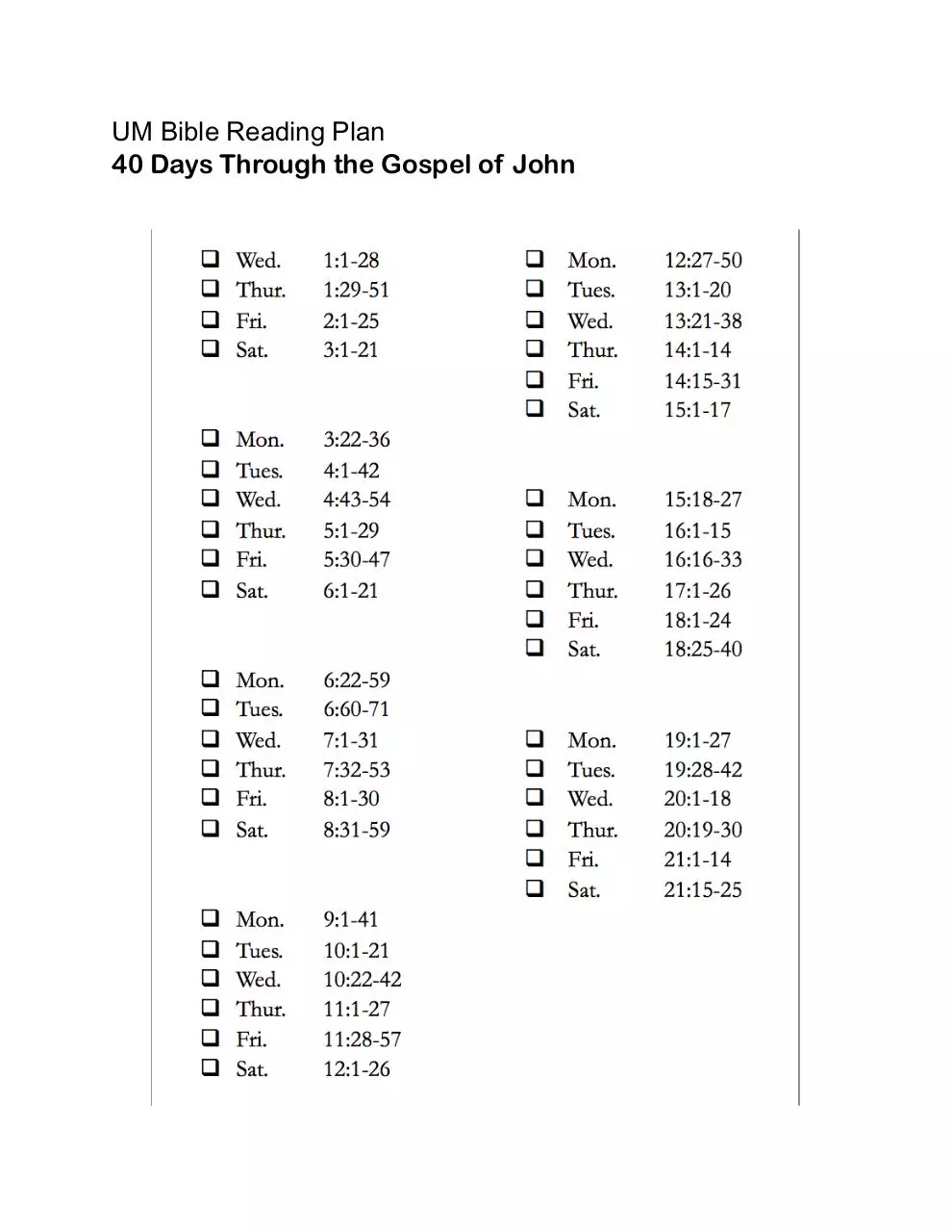 Page 1 of 1, John 40 Day Reading Plan