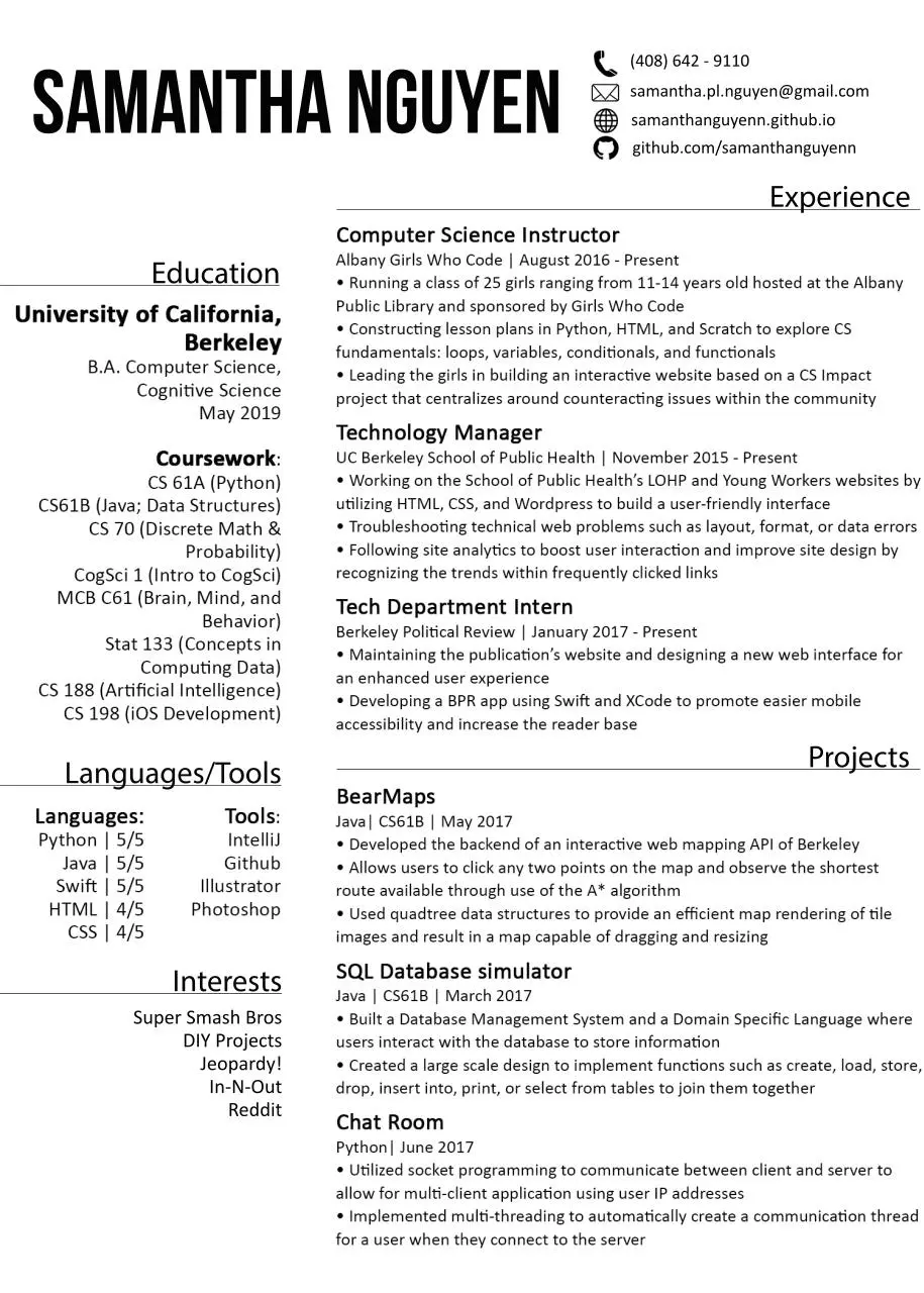 Page 1 of 1, Samantha Nguyen 2017 Resume