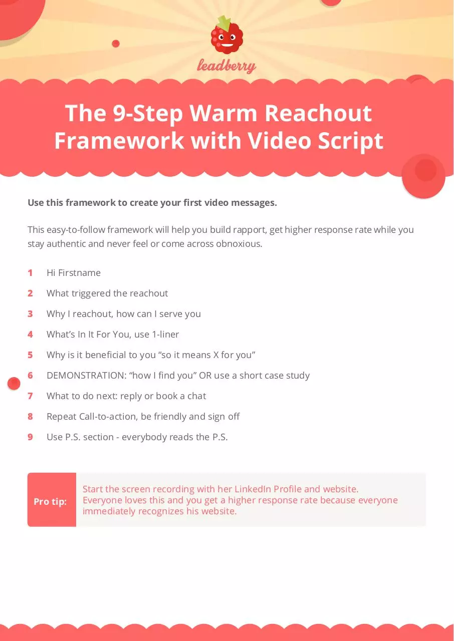 Page 1 of 1, The 9 Step Warm Reachout Framework with Video Script