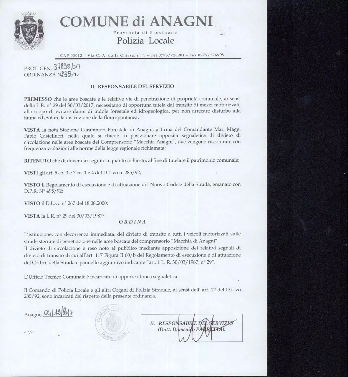 Page 1 of 1, Ordinanza n° 235 2017 La Macchia
