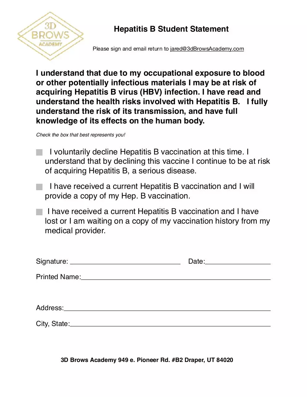 Document preview - Hepatitis B Statement (Student).pdf - Page 1/1
