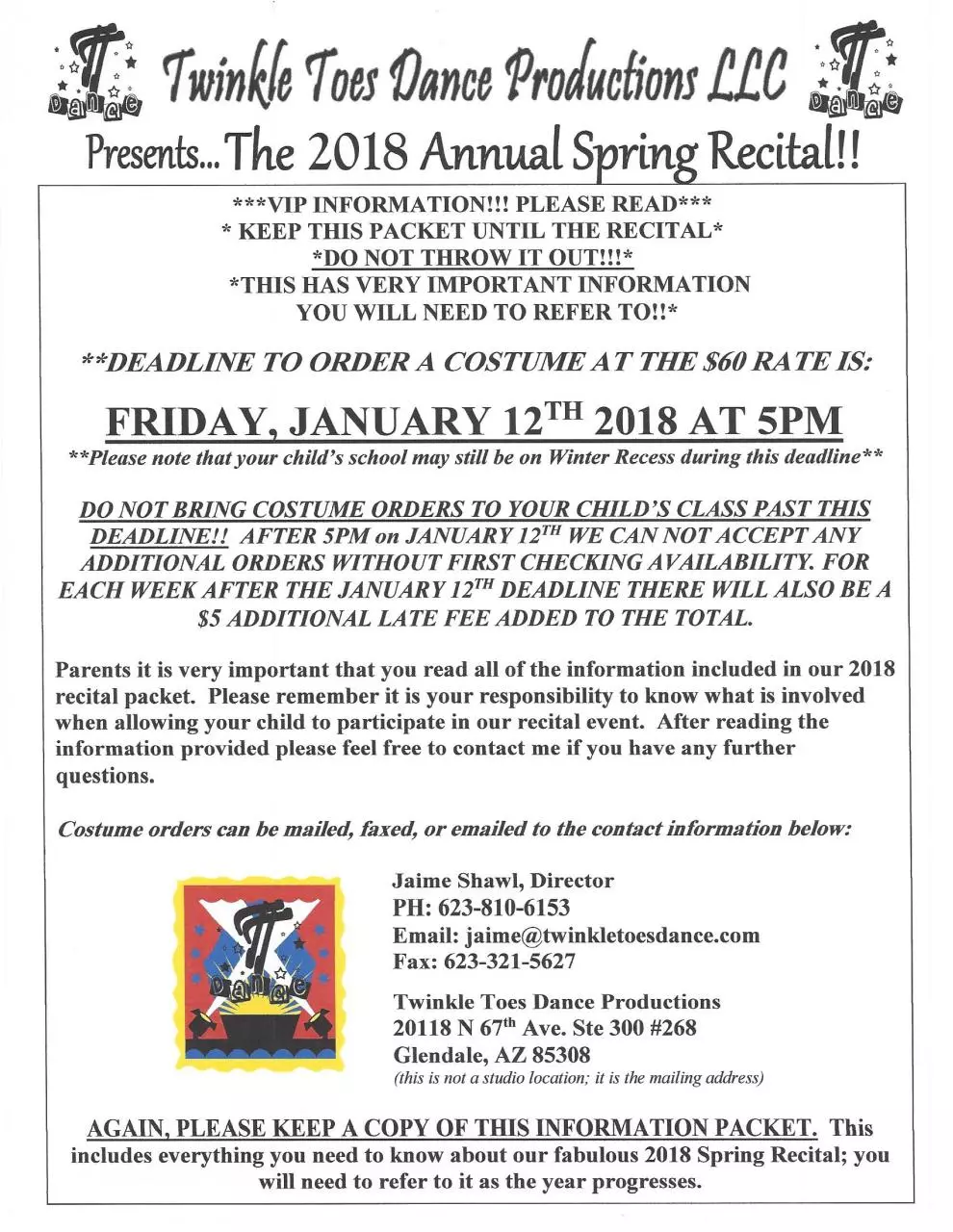 Page 1 of 8, 1130 Morning Show Recital Packet 2018