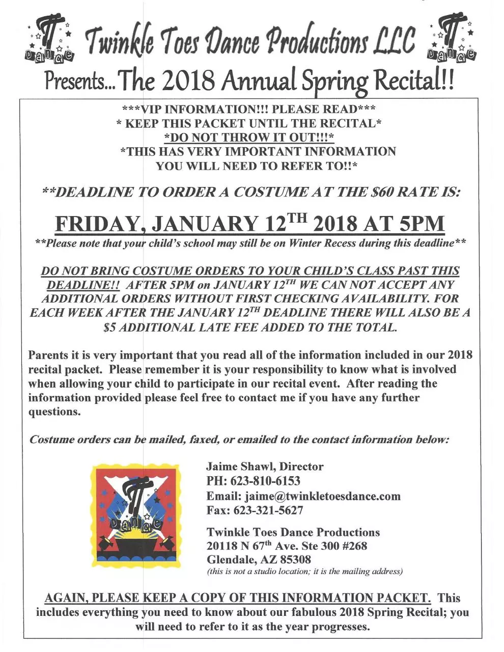 Page 1 of 8, 230 Matinee Show Recital Packet 2018