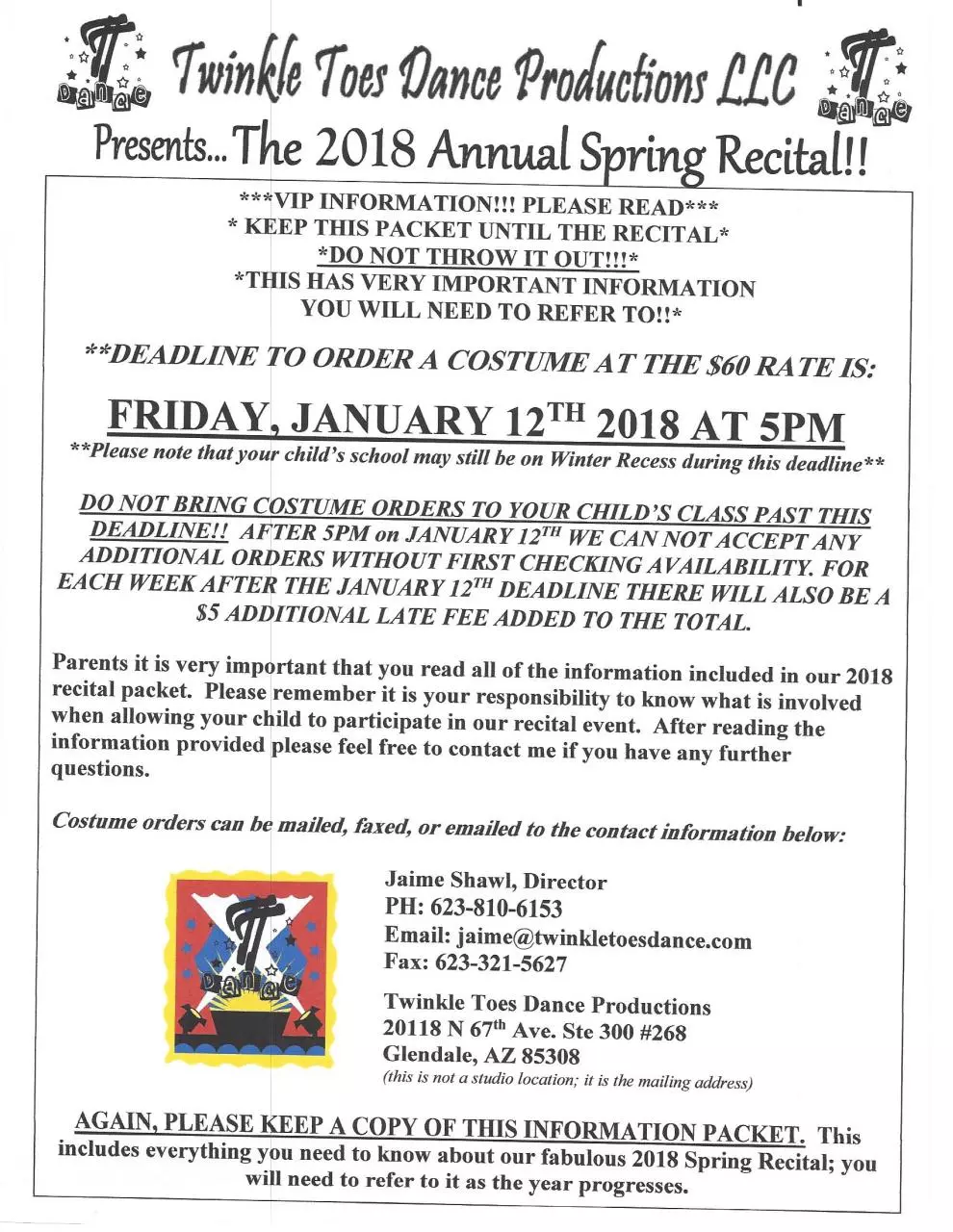 Page 1 of 8, 530 Evening Show Recital Packet 2018