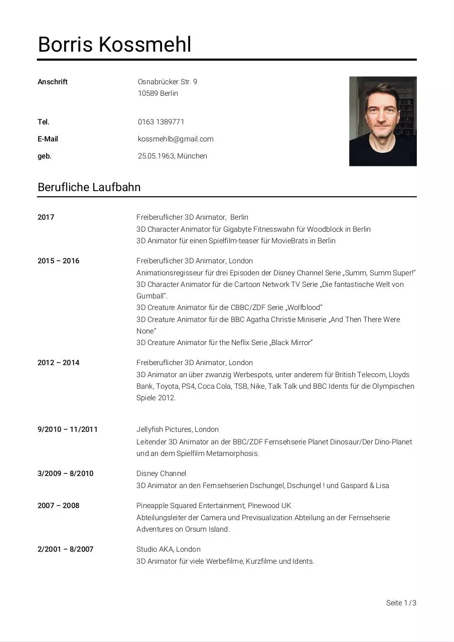 Page 1 of 3, Lebenslauf Borris Kossmehl 2017