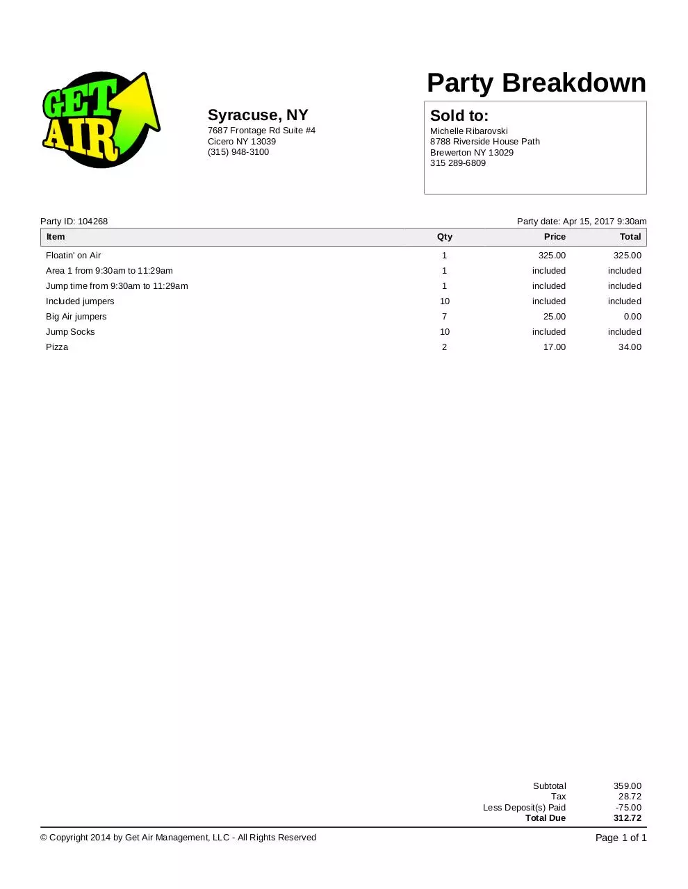 Page 1 of 1, PartyBreakdown104268