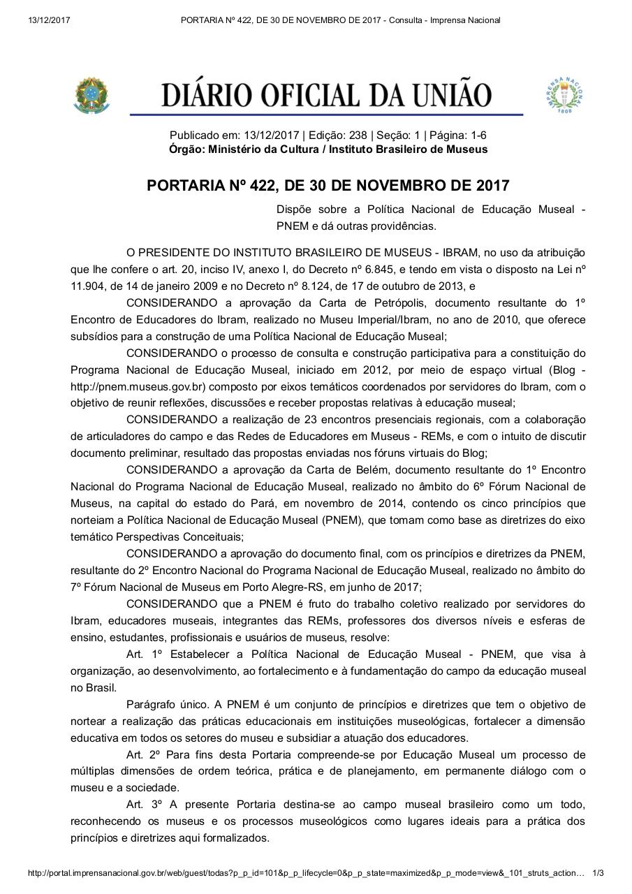 Document preview PORTARIA N_ 422, DE 30 DE NOVEMBRO DE 2017 - PNEM.pdf - page 1/3