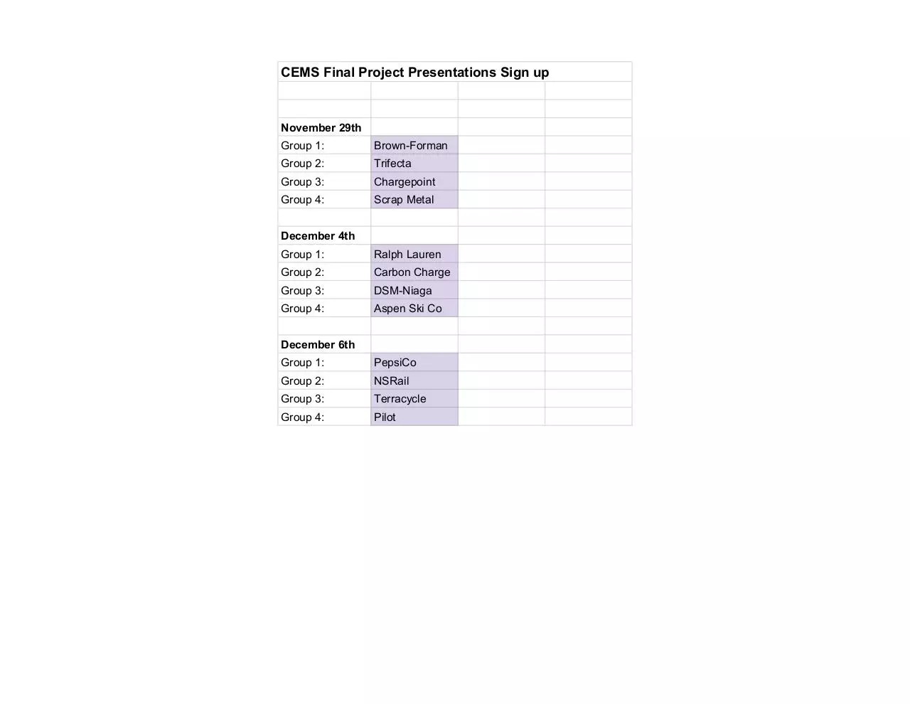 Page 1 of 1, CEMS Final Project Presentation Dates (2)