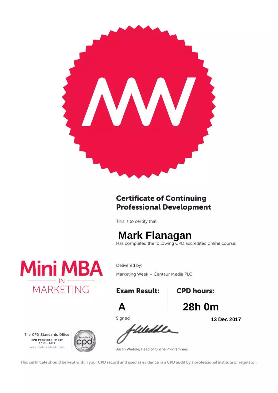 Page 1 of 1, Certificate 13 Dec 2017