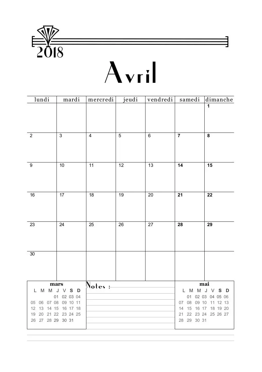 Page 1 of 1, 04 calendrier avril 2018 art deco A5 favorisxp