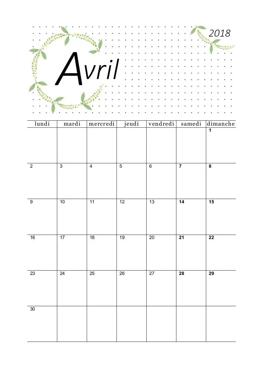 Page 1 of 1, 04 calendrier avril 2018 feuilles a5 portrait