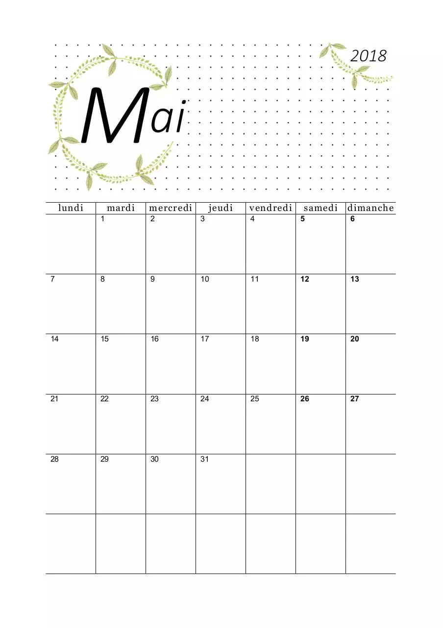 Page 1 of 1, 05 calendrier mai 2018 feuilles a5 portrait