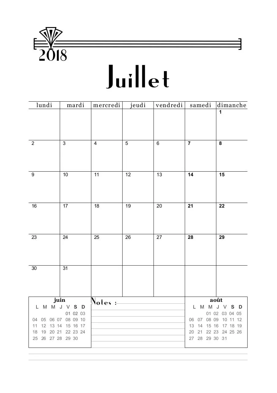 Page 1 of 1, 07 calendrier juillet 2018 art deco A5 favorisxp
